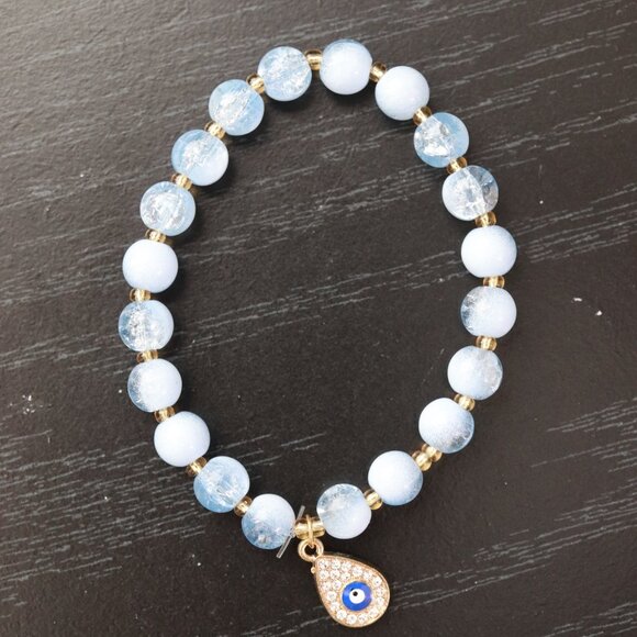 Evil Eye Charm Light Blue Beads Stretchable Bracelet - Picture 3 of 3